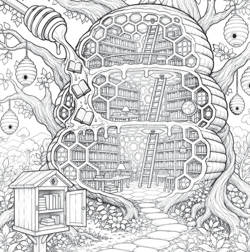 A honeycomb hive library set among trees
