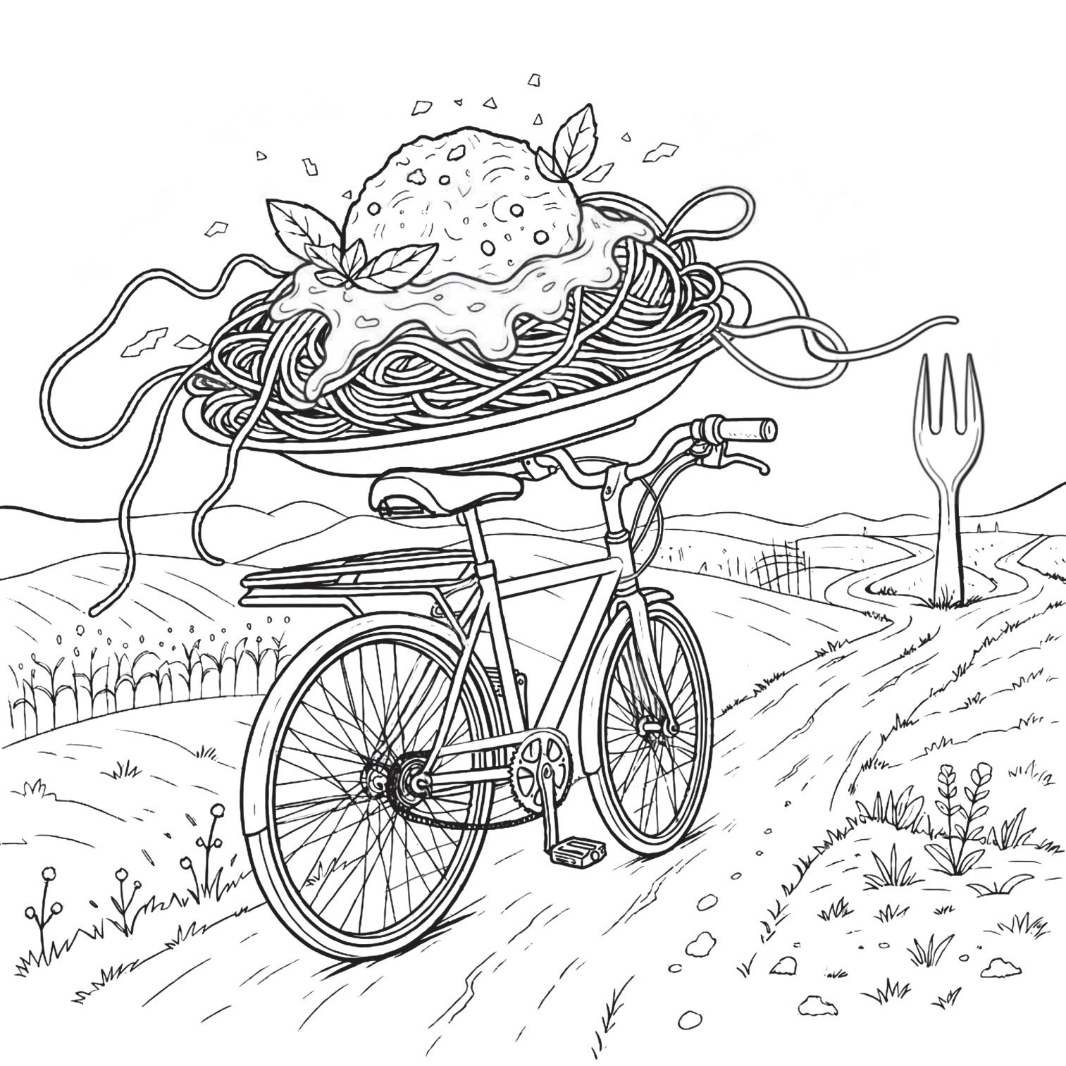 Spaghetti and a meatball riding a bicycle along a winding path